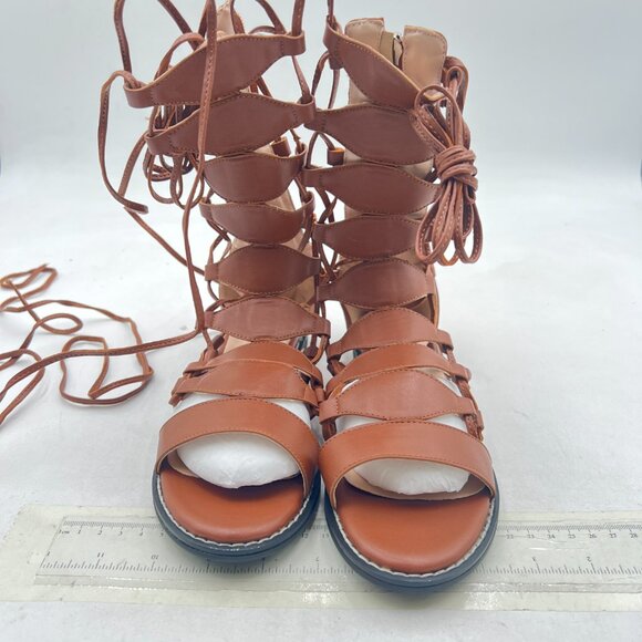 YDN Brown Ankle High Gladiator Sandals for Women Lace up Open toe Flat Zips Shoe - Picture 3 of 8